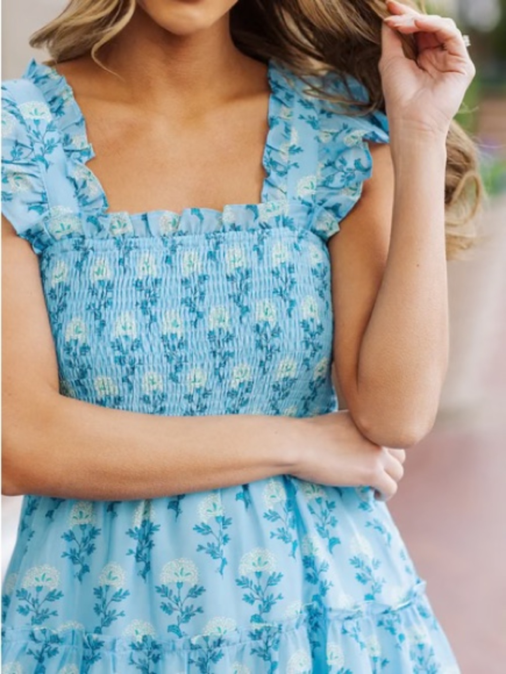 J Marie Smocked Blue Floral Ruffle-Strap Dress M